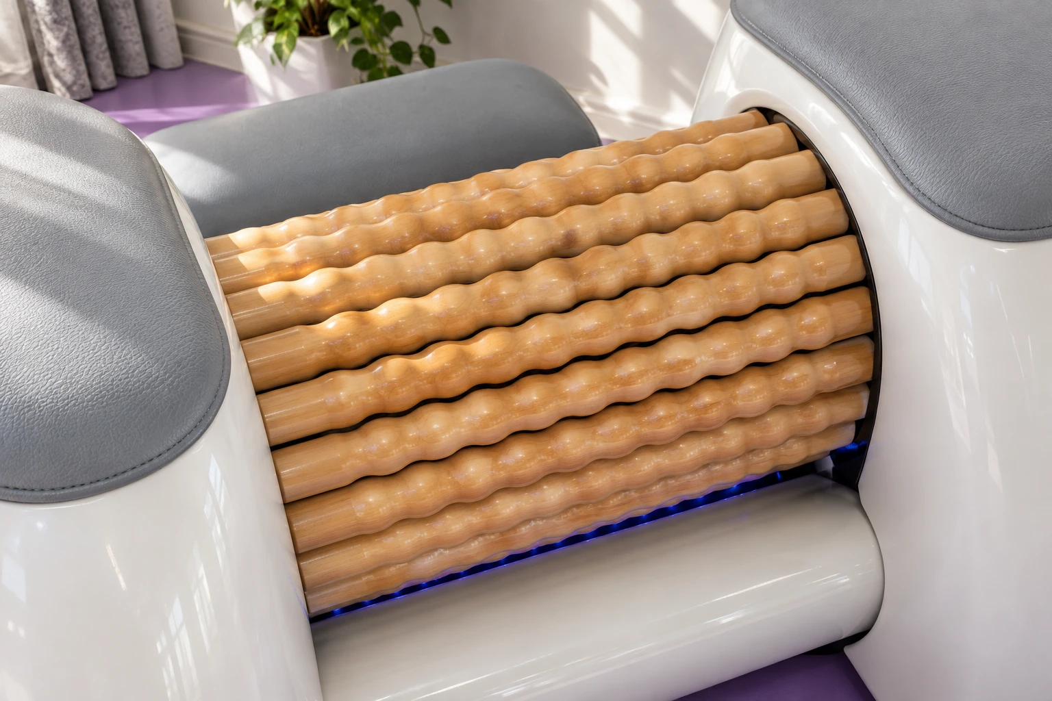 Wooden rollers and padded supports of a Rollshape machine — AI illustration