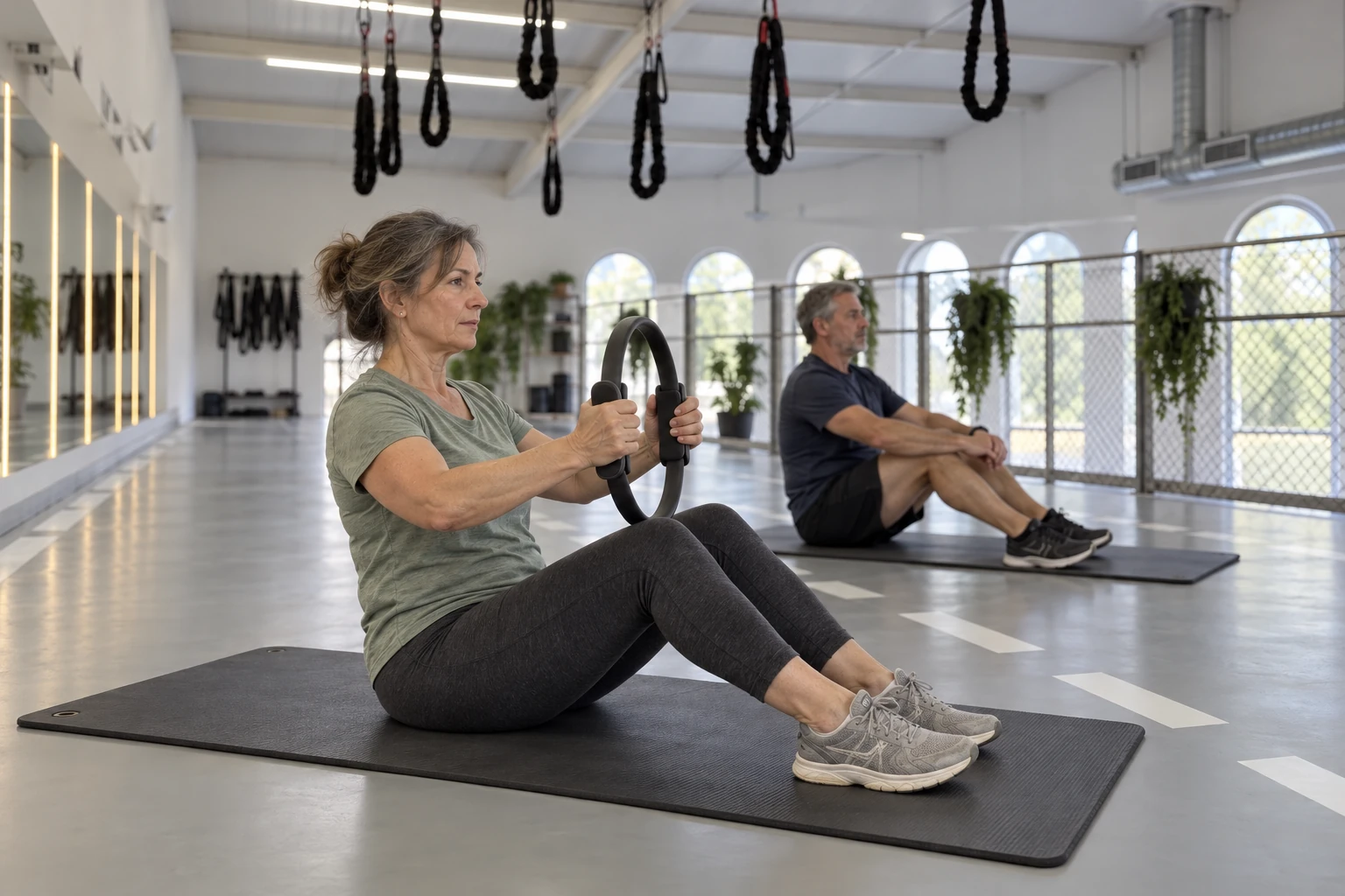 Woman practising a seated mat exercise with a Pilates ring — AI illustration