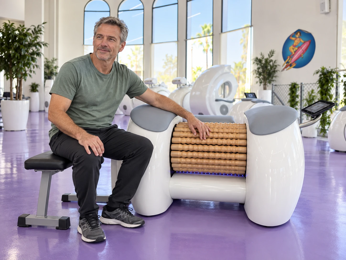 Man sitting beside the wooden rollers of a Rollshape machine — AI illustration